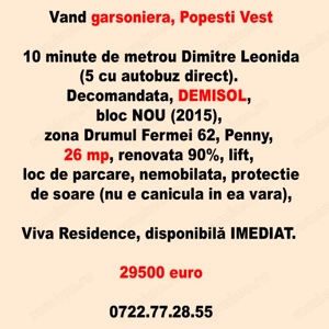 Vand garsoniera, Popesti Vest, 10 minute de metrou Dimitre Leonida