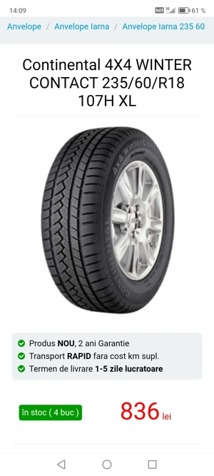 Vand cauciucuri de iarna Continental 235/60/18 XL, 107 H aproape NOI, 2050 lei neg.