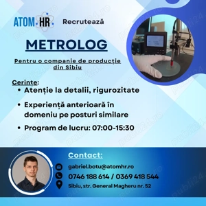 Atom HR recrutează Metrolog pentru o companie de producție din Sibiu