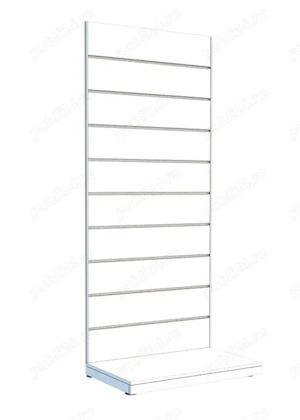Panou slatwall alb cu 9 sine si podium pe structura in "L"  (H 2050xL 900x 520 mm)