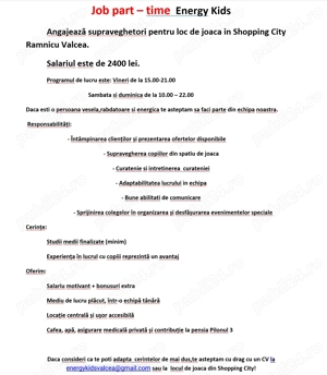 Job part time Energy Kids Ramnicu Valcea