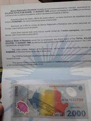 set bancnota + moneda eclipsa - suport, plic bnr, serie 001Axxx