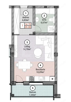 Apartament cu 1 camere 39 mp utili