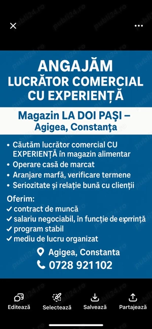 Angajam lucrator comercial cu experienta