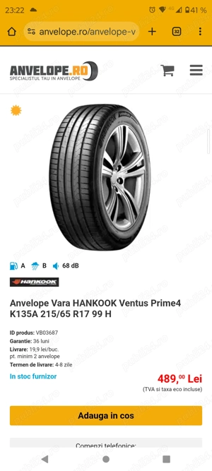 Vând 4 anvelope VARĂ Hankook – 215/65/R17 – NOI