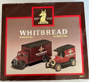 Set fabrica bere Whitbread Corgi 1990 camion de epoca Bedford Anglia, Ford T, machete metal noi 1:50 - imagine 3
