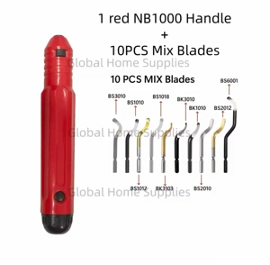 Debavurator cu maner rosu si 10 bucati de lame mixte