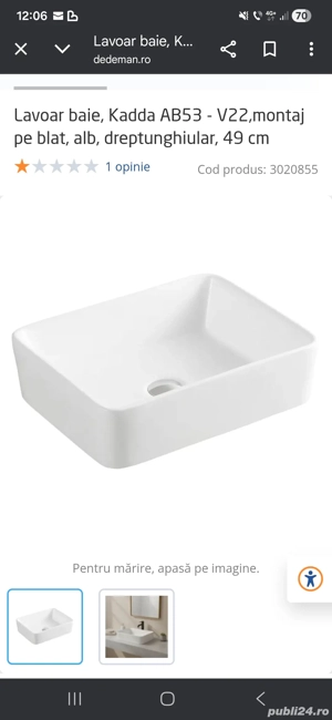 Lavoar baie, Kadda AB53 - V22,montaj pe blat, alb, dreptunghiular, 49 cm