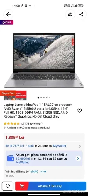 Laptop Lenovo 15ALC7 AMD Ryzen 5 5500U 4GHz  16GB RAM  512 GB SSD 15.6 NOU SIGILAT!!!