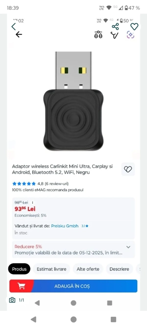 Adaptor wireless Carlinkit Mini Ultra, Carplay si Android, Bluetooth 5.2, WiFi, Negru Merge Și pe te