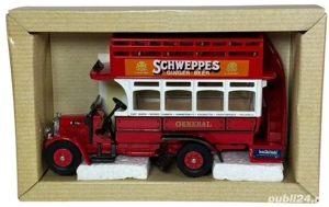 Autobuz de epoca etajat Thornycroft Anglia, Corgi 1993, macheta metal noua Schweppes, sc. 1:50