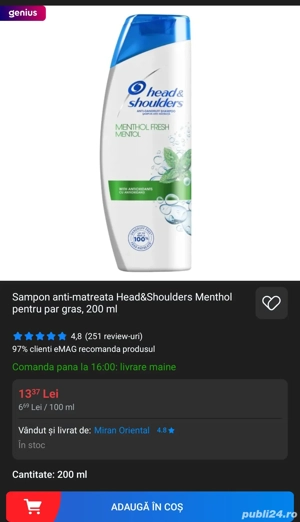 head and shoulders mentol clasic 8 lei buc sau 100 lei lotul de 14 buc - imagine 2