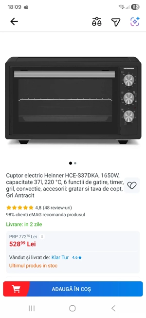 Cuptor electric Heinner HCE-S37DKA, 1650W, capacitate 37l, 220  C, 6 functii de gatire, timer,