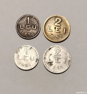 Monede 1 leu și 2 lei 1951 CUPRU(f. rare); 1 leu și 2 lei 1951 AL, RPR