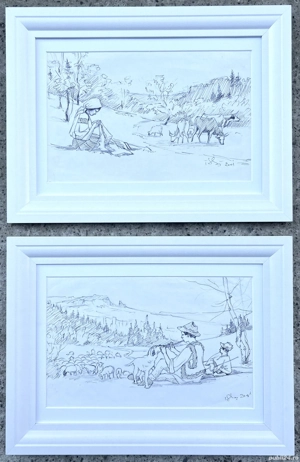 Set 2 Tablouri Toader Schipor, Peisaje bucovinene Grafica in tuș , inramate 27x36cm
