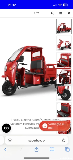 Vand Triciclu Electric Volta VT5, FARA Permis, Cu Cabina, Rosu.