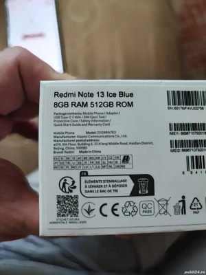 Redmi note 13 , 8gb ram , 512gb rom, ice blue liber de rețea, fara probleme  - imagine 2