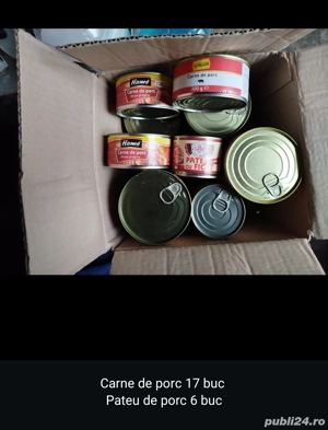 Conserve, sardine 23buc, carne de porc 17 pateu de porc 6buc,vita12buc