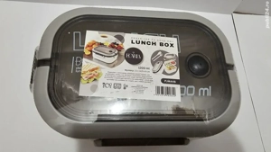 Cutie pranz, Ecarla, 5 compartimente, cu furculita si lingura, gri cu alb, 1200 ml, 21 x 14.5 x 8 cm