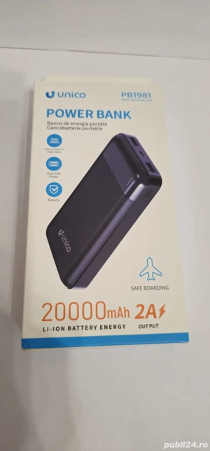 Baterie externa 20000 mAh, 2 porturi USB, protectie la supraincarcare si scurtcircuit