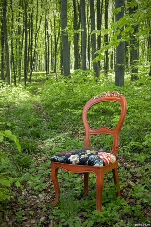 Scaun lemn, reinterpretat, cu tapiterie noua