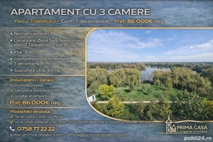Apartament cu 3 camere   Parcul Tineretului   Conf. 1 decomandat   Pret: 86.000  neg  