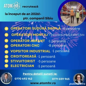 Atom HR angajează pentru compnii de producție din Sibiu.