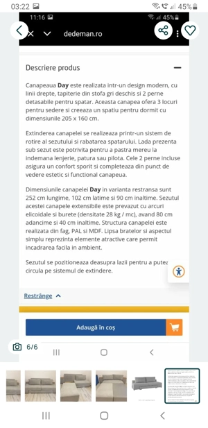 Canapea extensibila 160, 3 locuri Day,  noua, cu lada, gri, 252 x 102