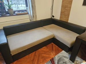 Colțar Living Extensibil, Negru Bej, cu Ladă   Șezut Retapițat