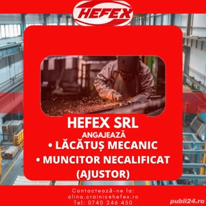 Anunț de angajare   Lăcătuș mecanic | Muncitor necalificat (ajustor) | Full-time | Hefex SRL