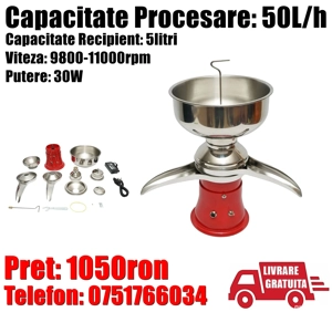 Separator Smantana Aparat Degresat Lapte Automat 30W Rezervor 5L Procesare 50L h + LIVRARE GRATUITA