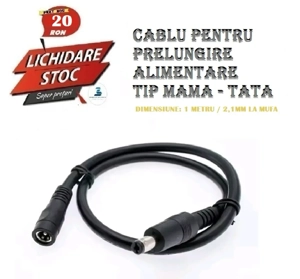 Cablu prelungire alimentare 1 metru, cu mufe mama - tata 2,1mm