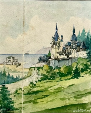 Toader Schipor- Tablou 1962 Peisaj Vizionar De la Munte pana la Mare Peles Cazinoul pictura acuarele