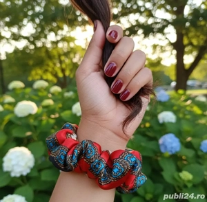 Handmade Medium Scrunchie - Red & Blue Patterned Satin   Elastic par handmade - imagine 2