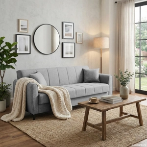 Canapea extensibilă Delhi, 3 locuri, material textil gri deschis, cu ladă depozitare, 216*85*85