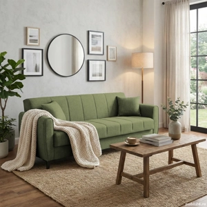 Canapea extensibilă Delhi, 3 locuri, material textil verde olive închis, ladă depozitare, 216*85*85