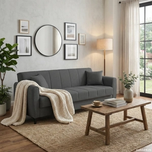 Canapea extensibilă Delhi, 3 locuri, material textil gri închis, cu ladă depozitare, 216*85*85