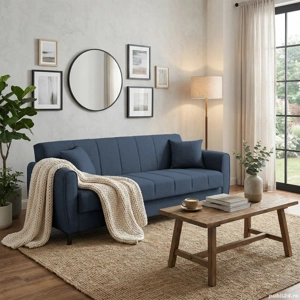 Canapea extensibilă Delhi, 3 locuri, material textil bleumarin închis, cu ladă depozitare, 216*85*85