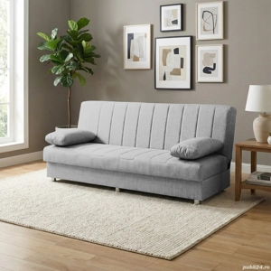 Canapea extensibilă Economix, 3 locuri, material textil gri deschis, cu ladă depozitare, 190*88*82