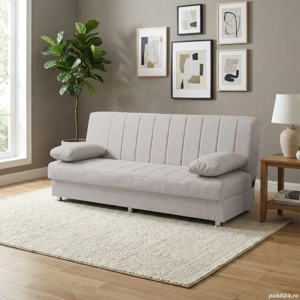 Canapea extensibilă Economix, 3 locuri, material textil bej nisipiu, cu ladă depozitare,190*88*82