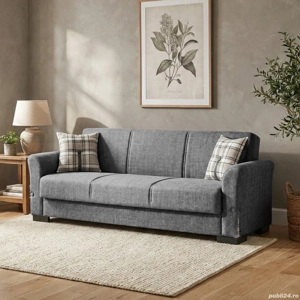 Canapea extensibilă Flamingo, 3 locuri, material textil gri deschis, cu ladă depozitare, 219*84*79