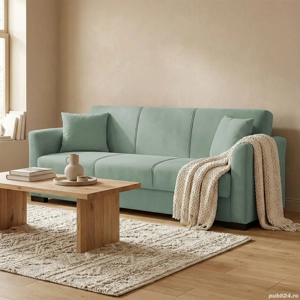 Canapea extensibilă Flamingo Soft, 3 locuri, material textil verde salvie,ladă depozitare, 219*84*79