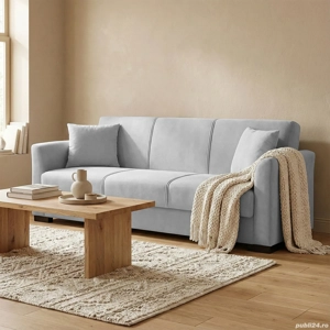 Canapea extensibilă Flamingo Soft, 3 locuri, material textil gri deschis, ladă depozitare, 219*84*79