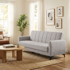 Canapea extensibilă Hilton, 3 locuri, material textil bej nisipiu, ladă depozitare, 210*75*75