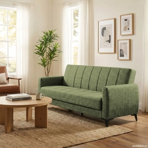 Canapea extensibilă Hilton, 3 locuri, material textil verde olive închis, ladă depozitare, 210*75*85