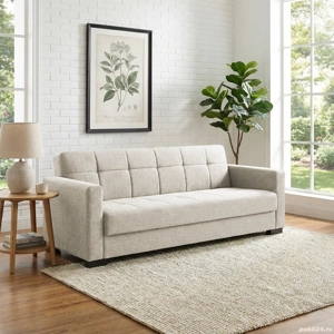 Canapea extensibilă Marbella, 3 locuri, material textil crem texturat, cu ladă depozitare, 210*78*78