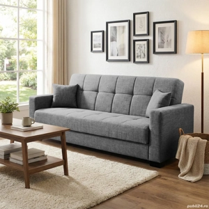 Canapea extensibilă Fer, 3 locuri, material textil gri deschis, cu ladă depozitare, 223*85*97