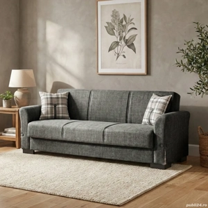 Canapea extensibilă Flamingo, 3 locuri, material textil gri, cu ladă depozitare şi arcuri 219*84*79