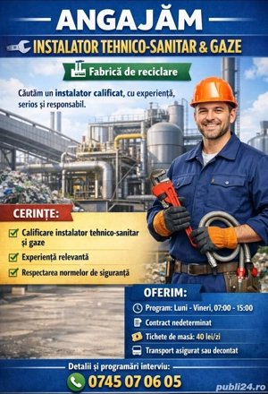 Instalator tehnico- sanitare  si gaze - fabrica 
