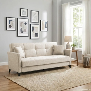 Canapea extensibilă Loren, 3 locuri, material textil bej deschis, cu ladă depozitare, 204*86*87